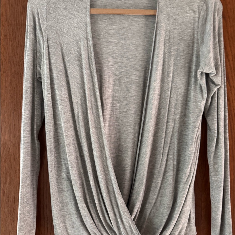 Joah Brown Gray Draped Wrap-Front Long Sleeve Top